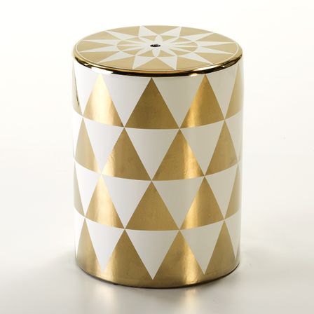 Tabouret bas rond céramique motif frise blanc e doré Jaizy