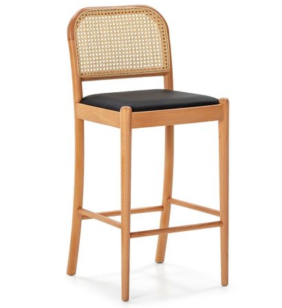 Tabouret de bar bois, simili cuir et rotin SAMY - Hauteur d'assise 69 cm
