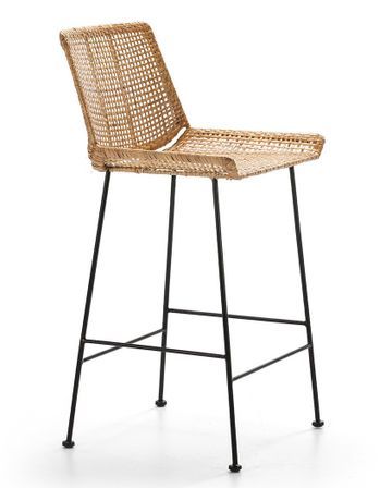 Tabouret de bar osier naturel et métal noir LUZA - Hauteur d'assise 67 cm