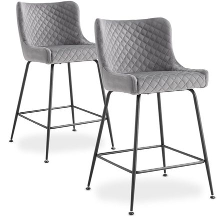 Tabouret de bar velours gris et pieds métal noir Ella - Lot de 2