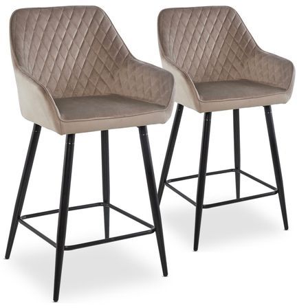 Tabouret de bar velours taupe et pieds métal noir Oni - Lot de 2