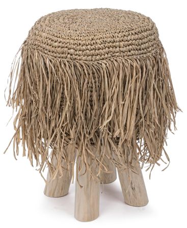 Tabouret en teck avec tissage franges Linda - Lot de 2