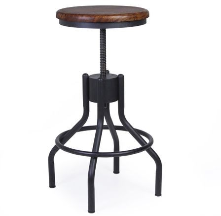 Tabouret rond industriel KUBA – Bois de manguier & fer noir – Hauteur réglable