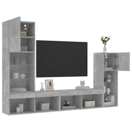 Unités murales TV avec LED 4 pcs gris béton bois d'ingénierie