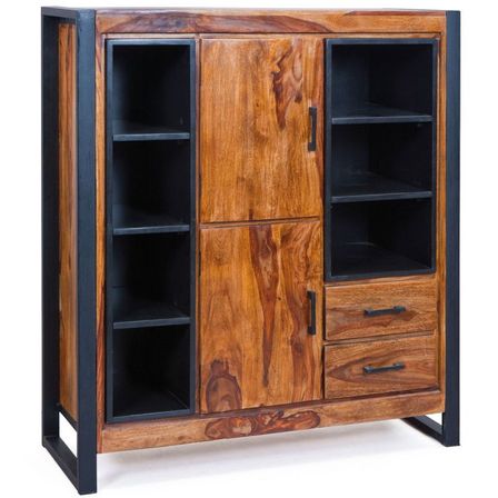 Vaisselier 2 portes sheesham massif foncé et métal noir Lary