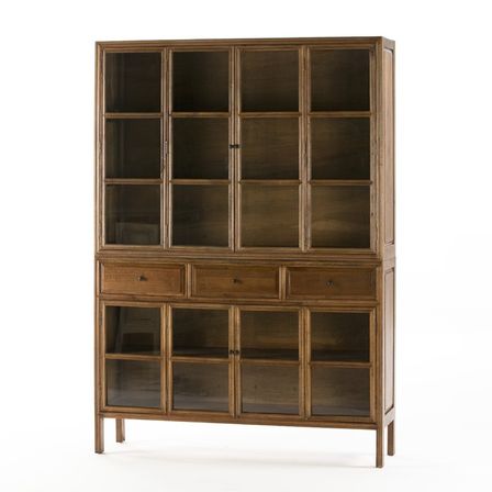 Vaisselier 3 tiroirs 4 portes verre et bois massif foncé Octy