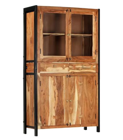 Vaisselier 4 portes 2 tiroirs acacia massif clair et métal noir Amanda