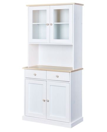 Vaisselier 4 portes 2 tiroirs pin massif clair et blanc Caly