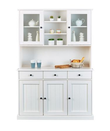Vaisselier 5 portes 3 tiroirs pin massif vernis blanc Campanou 131 cm