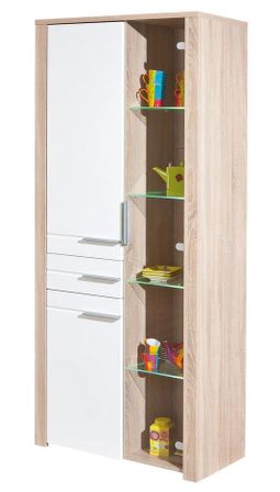 Vaisselier 3 portes 1 tiroir mélaminé blanc billant et chêne clair Souka 84 cm