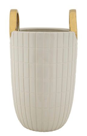 Vase décoratif céramique blanche relief carrés dorés compact MARA