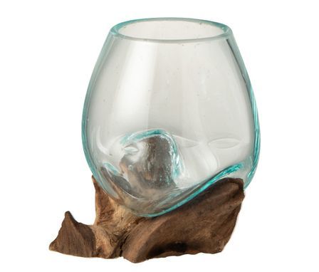 Vase verre et pied bois recyclé AZURA - H 13 cm