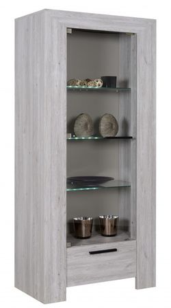 Vitrine 1 porte 1 tiroir bois de chêne gris Maeva