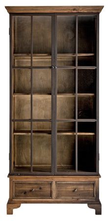 Vitrine 2 portes 2 tiroirs pin massif recyclé foncé Villa