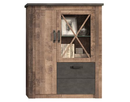 Vitrine 3 portes mélaminé chêne foncé et gris Aria