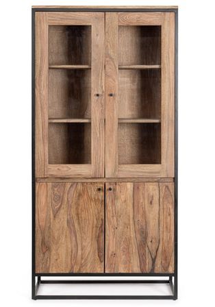 Vitrine 4 portes KLAZIK 88 cm bois clair de Sheesham et acier noir