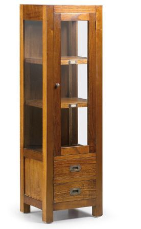 Vitrine en bois massif de Mindy 1 porte 2 tiroirs 2 étagères Orka 40 cm