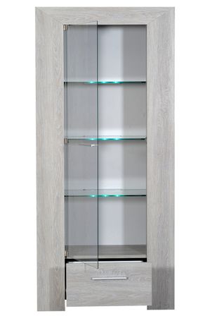Vitrine avec éclairage à Led 1 porte 1 tiroir bois chêne cérusé gris Kathy 80 cm