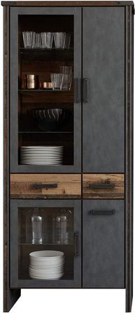 Vitrine vintage vieux bois usé et gris avec rivets