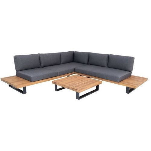 ALUXE Salon de jardin en bois d'acacia et pieds en aluminium, canapé d'angle et une table basse - Photo n°2; ?>