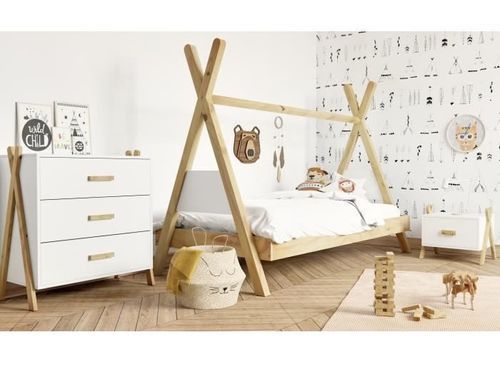 Chambre complete enfant - lit + chevet + commode - Pin massif et MDF - Blanc/naturel - Style scandinave - Photo n°2; ?>