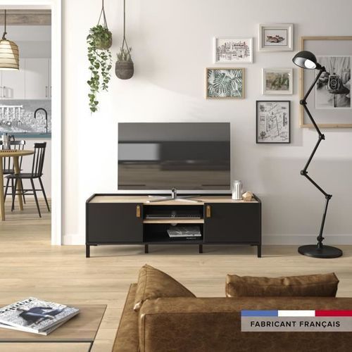 AMSTERDAM Meuble TV - Style industriel - Décor chene noir - L 136 x P 40 x H 44 cm - Photo n°2; ?>