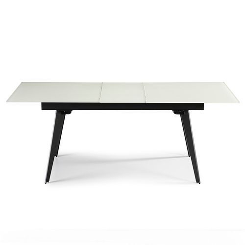 Table à manger en verre trempé blanc avec rallonge centrale et pieds en acier noir - Photo n°2; ?>
