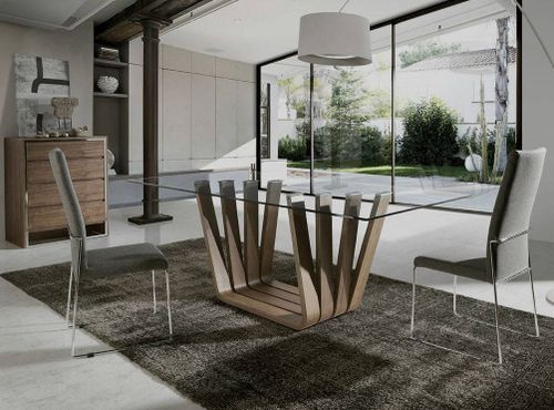 Table rectangulaire plateau verre trempé et pieds bois plaqué noyer Matega 180 cm - Photo n°2; ?>