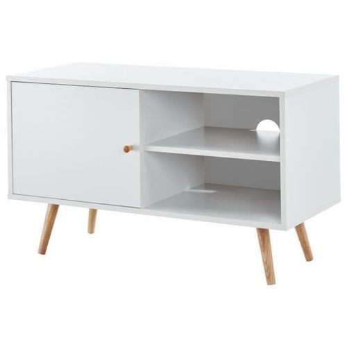 ANNETTE Meuble TV scandinave décor blanc + pieds en bois massif - L 90 cm - Photo n°3; ?>