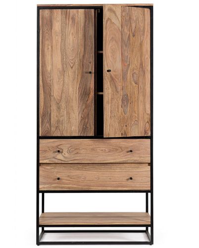 Armoire 2 portes 2 tiroirs bois clair de Sheesham et acier noir Klazik 90 cm - Photo n°3; ?>