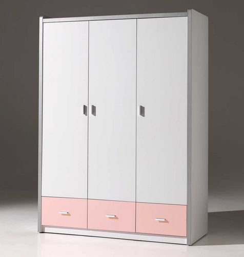 Armoire 3 portes 3 tiroirs bois blanc et rose Bonny - Photo n°3; ?>