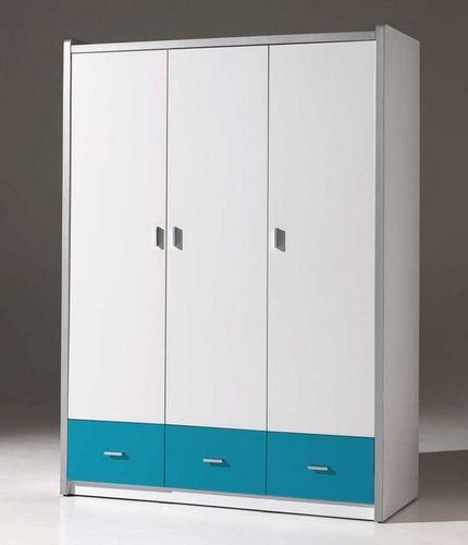 Armoire 3 portes 3 tiroirs bois blanc et turquoise Bonny - Photo n°3; ?>