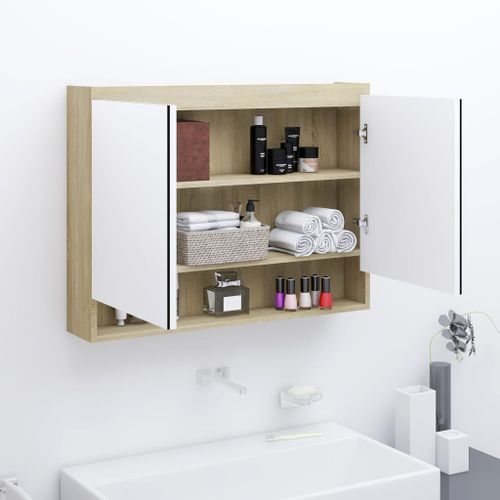 Armoire à miroir de salle de bain 80x15x60cm MDF Blanc et chêne - Photo n°2; ?>