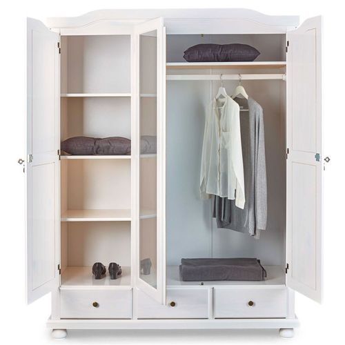 Armoire avec miroir 3 portes 3 tiroirs pin massif vernis blanc Batiste 150 cm - Photo n°3; ?>
