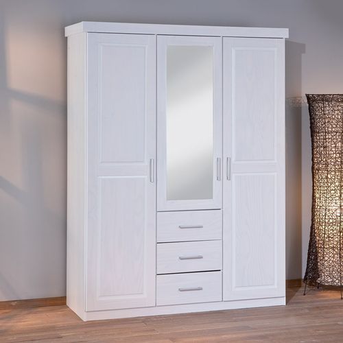 Armoire avec miroir 3 portes 3 tiroirs pin vernis massif blanc Nerod - Photo n°3; ?>