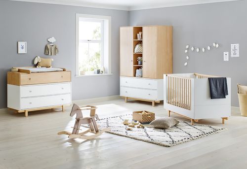 Armoire bébé 2 portes 2 tiroirs laqué blanc et bois clair Boks - Photo n°3; ?>