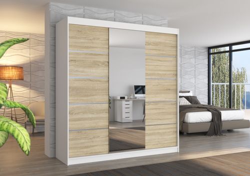 Armoire chambre adulte 2 portes coulissantes bois blanc et bois clair avec miroir Baker 200 cm - Photo n°2; ?>
