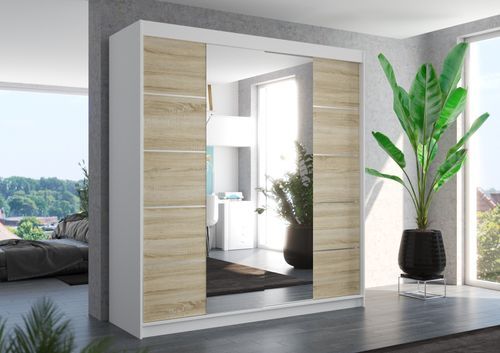 Armoire chambre adulte 2 portes coulissantes bois blanc et naturel avec miroir Dalia 200 cm - Photo n°2; ?>