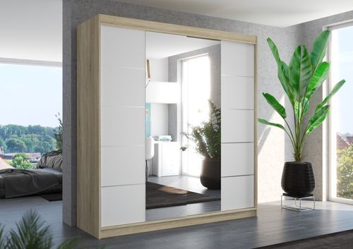 Armoire chambre adulte 2 portes coulissantes bois clair et blanc avec miroir Dalia 200 cm - Photo n°2; ?>
