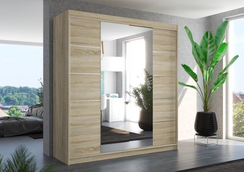 Armoire chambre adulte 2 portes coulissantes bois clair et miroir Dalia 200 cm - Photo n°2; ?>