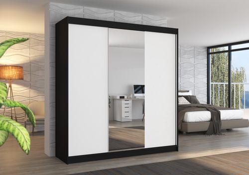 Armoire chambre adulte 2 portes coulissantes bois noir et blanc avec miroir Zafa 200 cm - Photo n°2; ?>