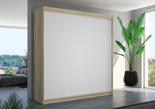 Armoire chambre adulte bois clair et blanc 2 portes coulissantes Terika 200 cm - Photo n°2; ?>