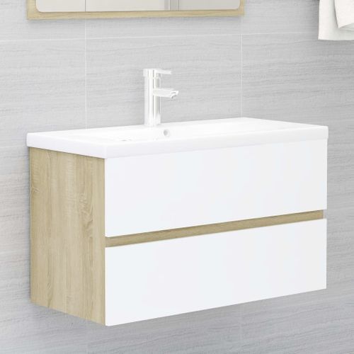 Armoire d'évier et lavabo intégré Blanc/chêne sonoma 7 - Photo n°2; ?>