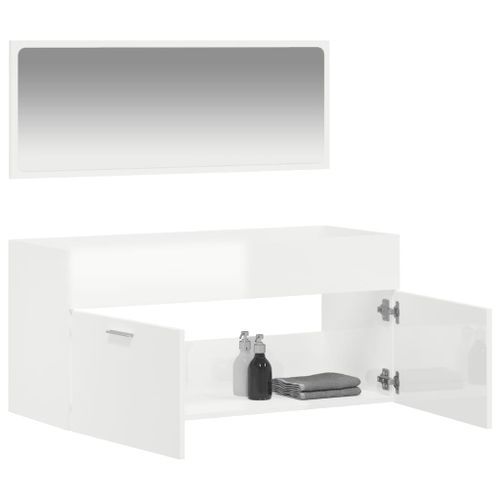 Armoire de bain avec miroir blanc brillant bois d'ingénierie - Photo n°3; ?>