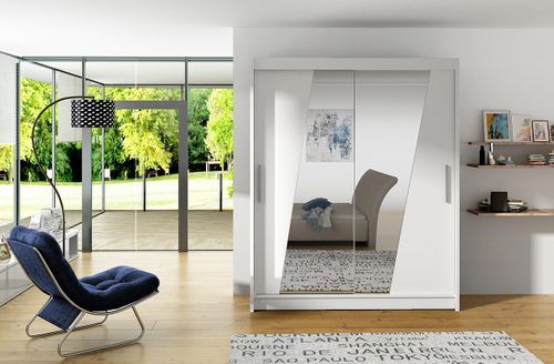 Armoire de chambre 2 portes coulissantes bois blanc et miroirs en diagonale Bekone 150 cm - Photo n°2; ?>