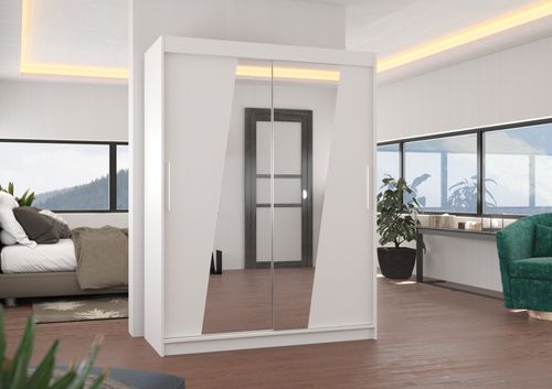 Armoire de chambre 2 portes coulissantes bois blanc et miroirs en diagonale Bekone 150 cm - Photo n°3; ?>