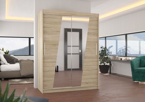 Armoire de chambre 2 portes coulissantes bois clair et miroirs en diagonale Bekone 150 cm - Photo n°3; ?>