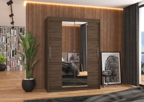 Armoire de chambre 2 portes coulissantes bois marron et miroir Linoa 150 cm - Photo n°2; ?>