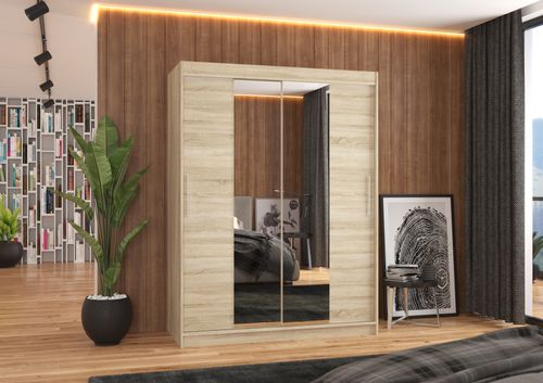 Armoire de chambre 2 portes coulissantes bois naturel et miroir Linoa 150 cm - Photo n°2; ?>