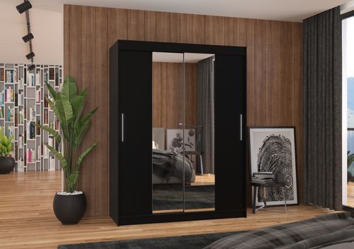 Armoire de chambre 2 portes coulissantes bois noir et miroir Linoa 150 cm - Photo n°2; ?>